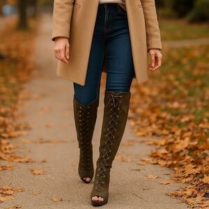 Lace-Up Knee High Stiletto Boots 8.5 Suede Look Peep Toe Army Green Alt Fashion